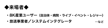 来場者：8K産業ユーザー（自治体・病院・ライブ・イベント・レジャー）、放送事業者／システムインテグレータ…など
