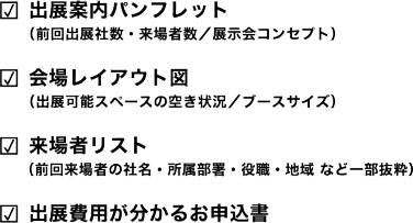 出展案内パンフレット（前回出展社数・来場者数／展示会コンセプト）／会場レイアウト図（出展可能スペースの空き状況／ブースサイズ）／来場者リスト（前回来場者の社名・所属部署・役職・地域 など一部抜粋）／出展費用が分かるお申込書